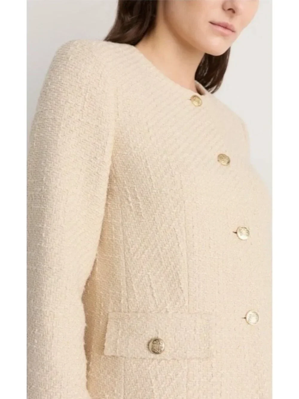 Quince Womens Size Large Stretch Tweed Collarless Jacket Ivory Coast Long Sleeve - Picture 15 of 16